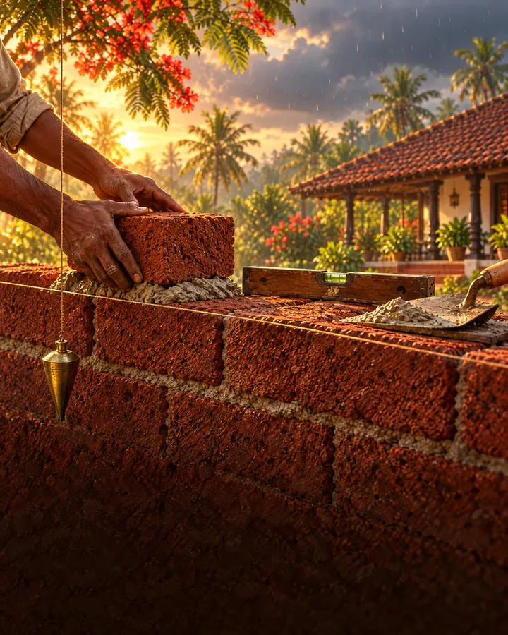 A mason setting a laterite block true with a plumb line and level, a tiled Konkan house behind as monsoon clouds gather