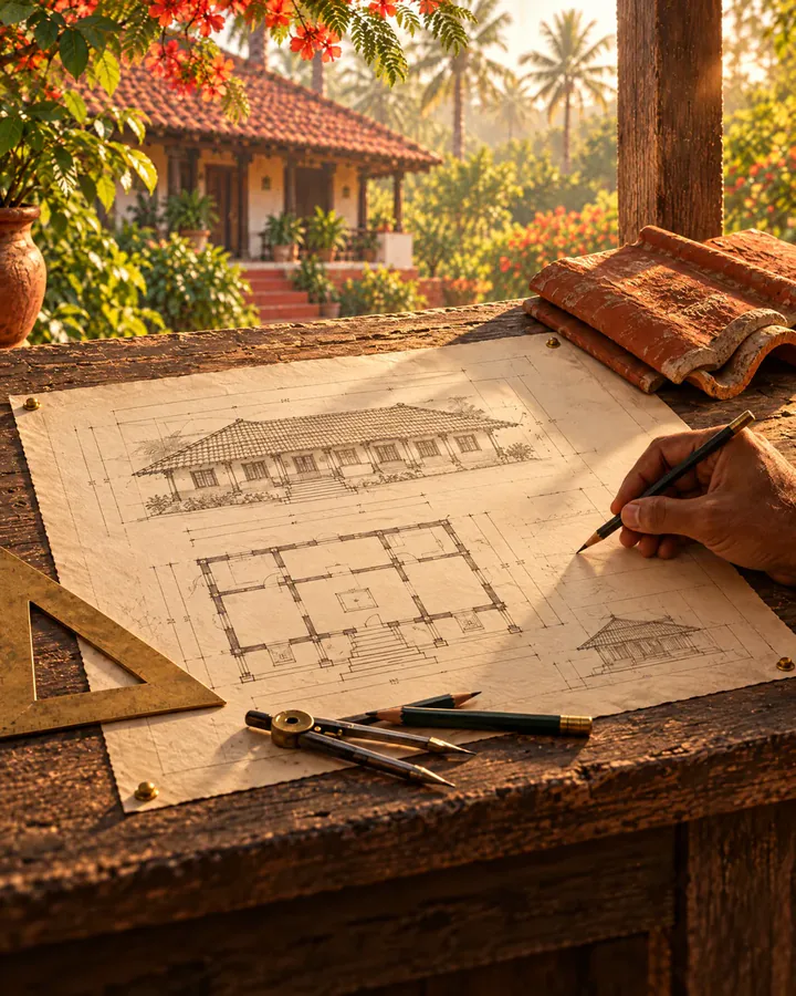 A hand drawing a pencil elevation and floor plan of a Konkan house on a carpenter’s bench, with a set square, compass and roof tiles beside it