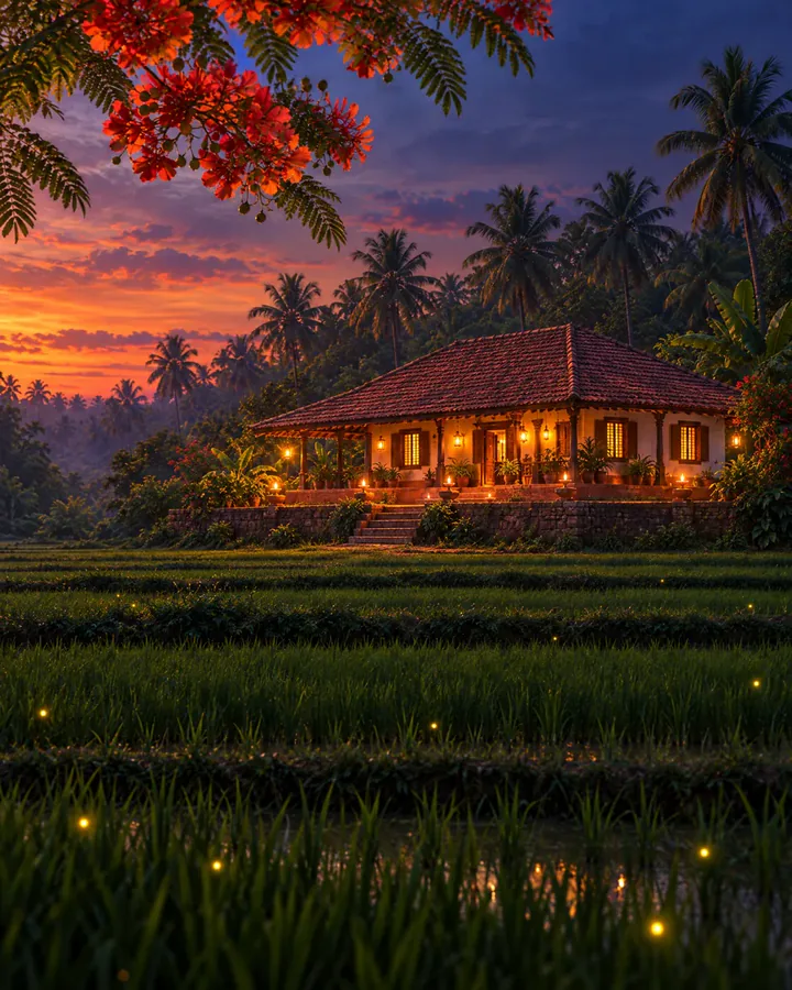 A Konkan house at dusk, its veranda glowing with lamps, seen from far across the paddy fields