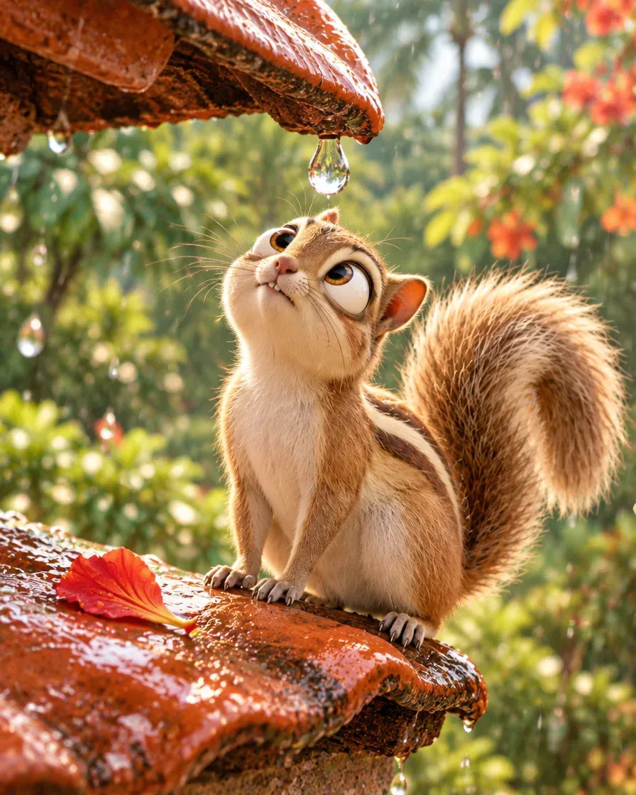 A striped squirrel on a wet clay-tiled roof, staring up at a raindrop about to fall from the tile edge