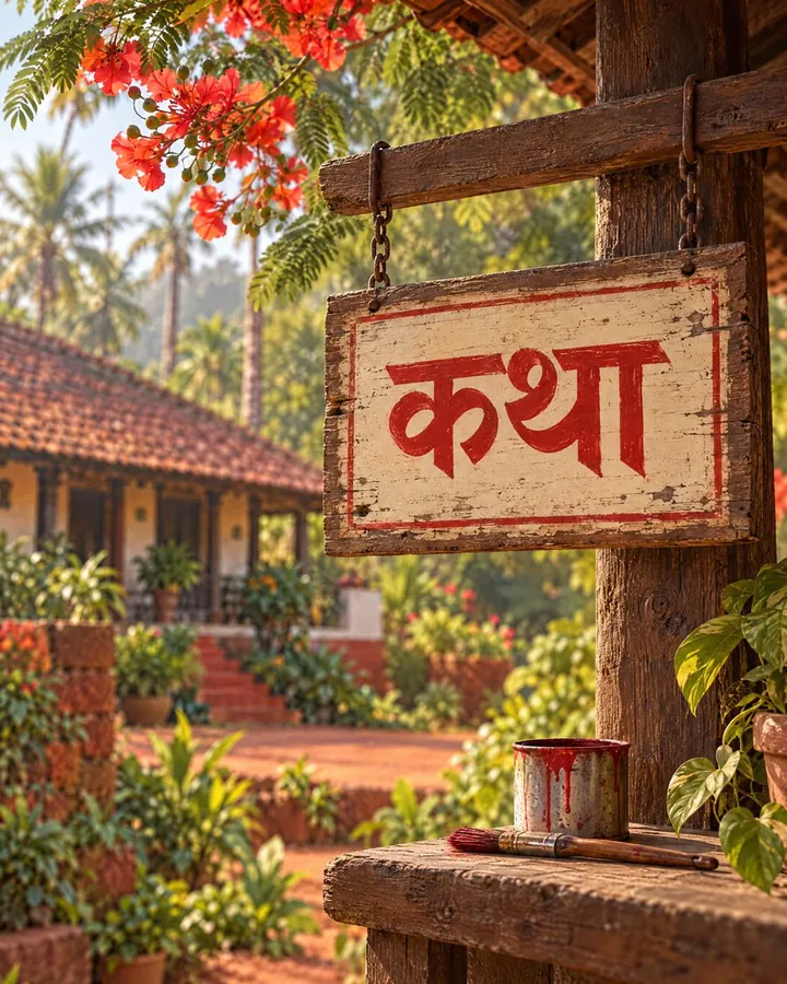 A hand-painted Marathi signboard reading कथा (story) outside a Konkan house